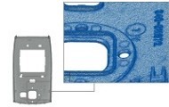 ATOS measuring data of a Blackberry cover shown as shaded point cloud and enlarged detail with curvature and accuracy dependent optimized STL data