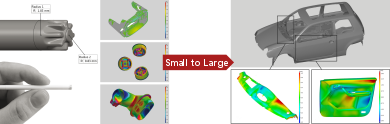 left: Display of a small gear wheel and an angle adapter and their deviations from the respective nominal data (CAD data), measuring volume 30 x 20 mm, right: Warpage of interior car parts, measuring volume 500 mm