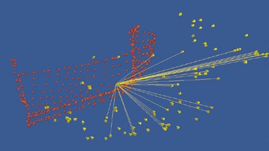 Reference points (red) and camera positions (yellow) shown in the TRITOP software